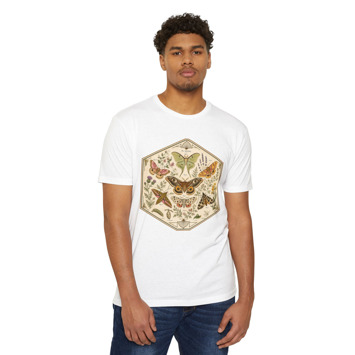 T-Shirt, Short Sleeve Boxy Crew Neck - Moth & Botanicals Hexagon Vintage Nature Illustration