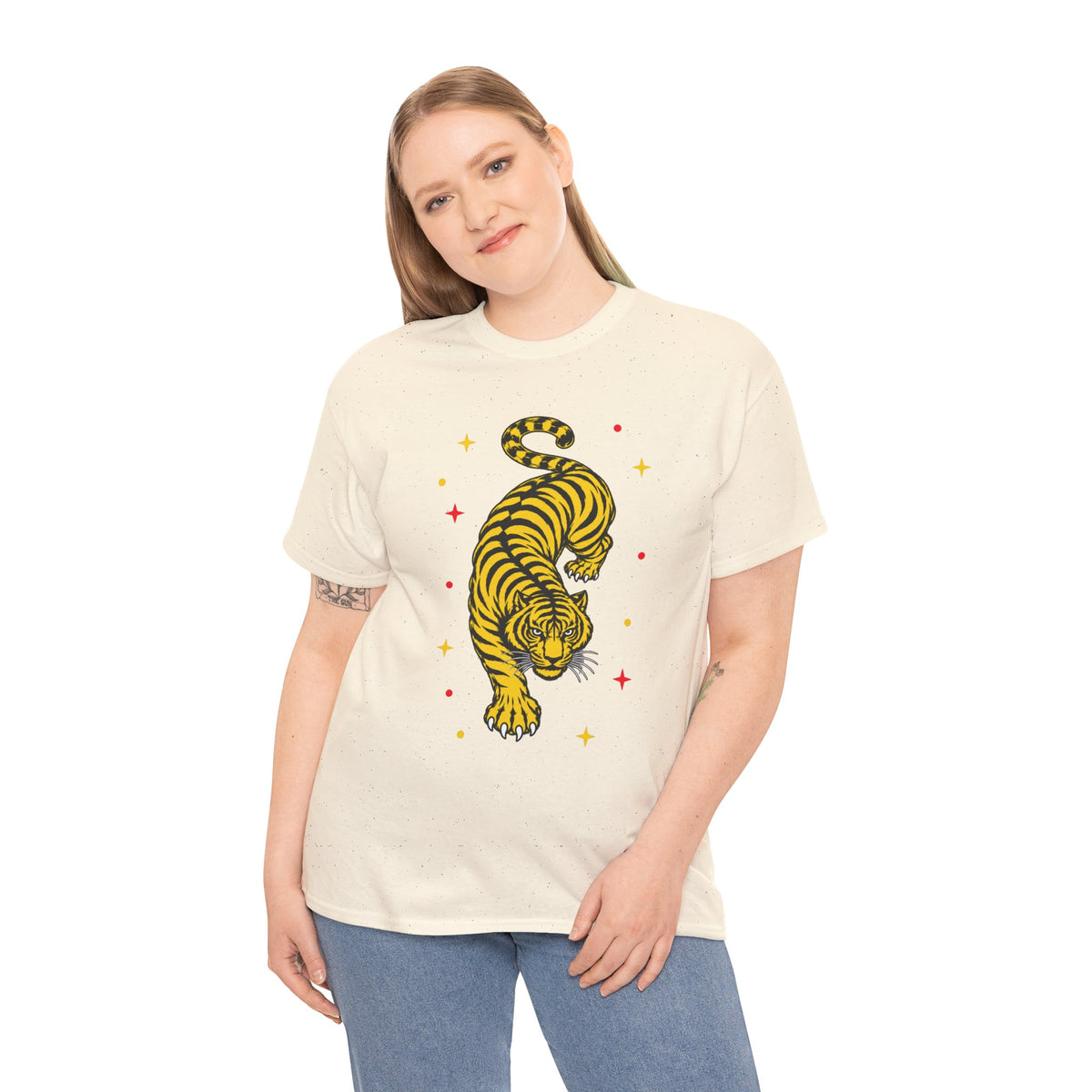 T-Shirt, Short Sleeve Boxy Crewneck - Yellow Tiger