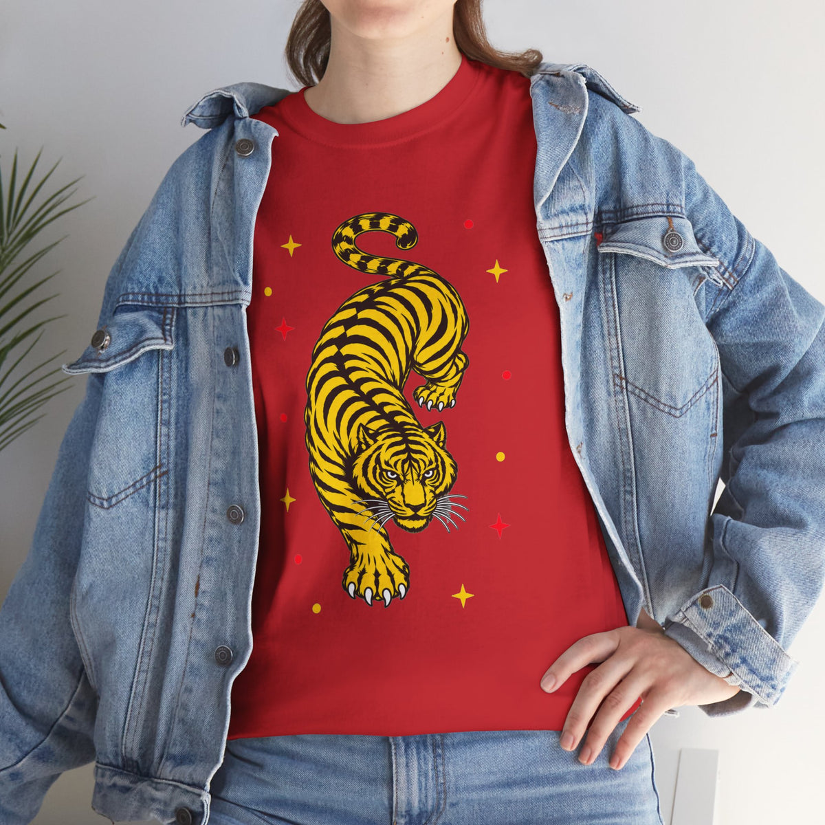 T-Shirt, Short Sleeve Boxy Crewneck - Yellow Tiger