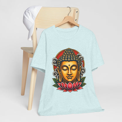 T‑Shirt, Short Sleeve Boxy Crew Neck - Golden Buddha Head with Lotus