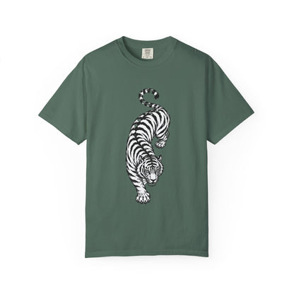 T-Shirt, Short Sleeve Boxy Crew Neck - Black & White Tiger