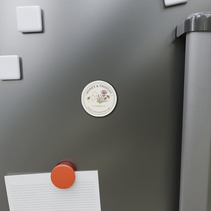 Honey & Thistles Round Die-Cut Magnet – Floral Bee Logo Refrigerator Magnet