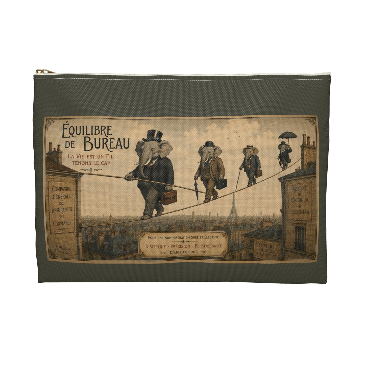 Vintage 'Équilibre de Bureau' Accessory Pouch – Retro Circus Elephant Tightrope Design
