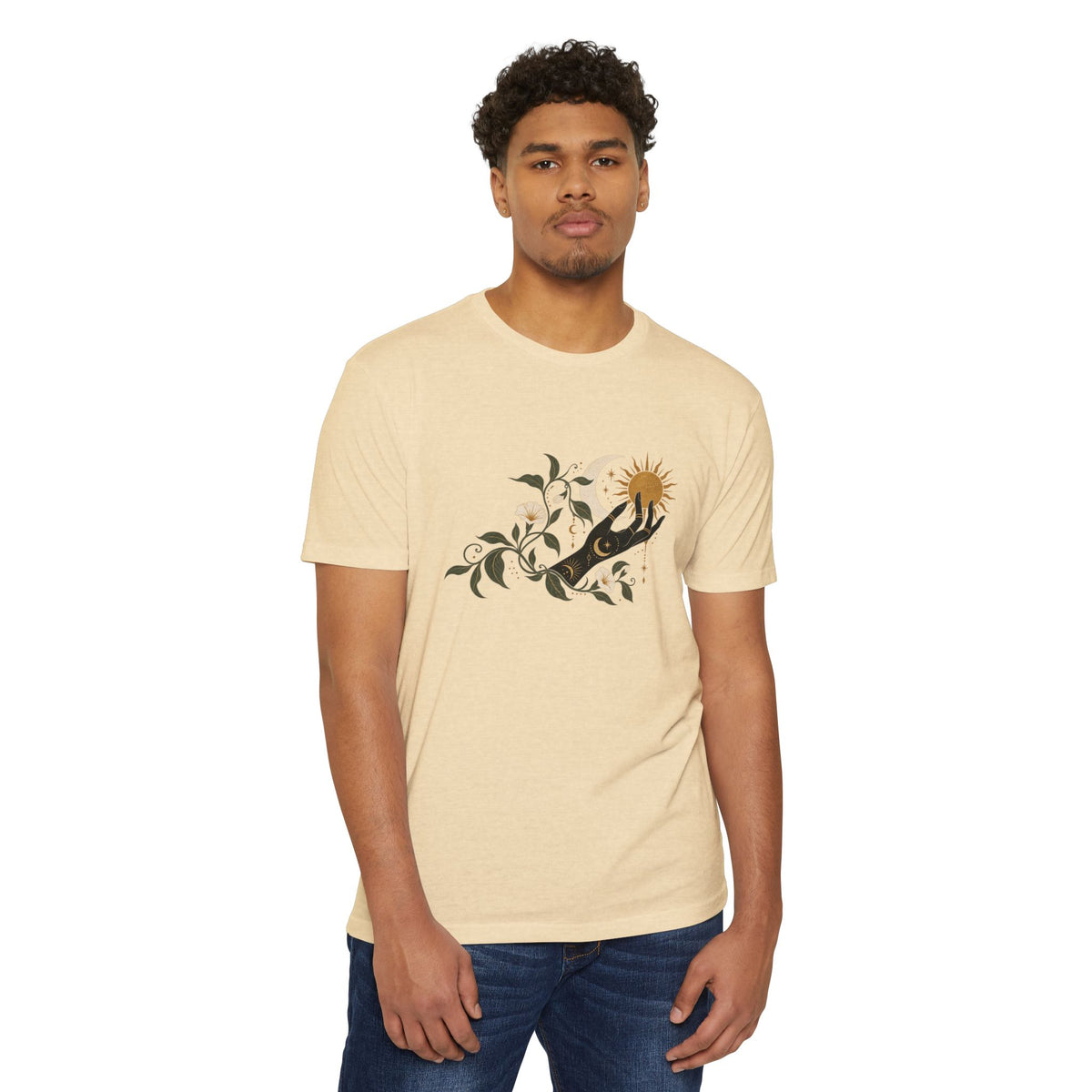 T-Shirt, Short Sleeve Boxy Crew Neck - Botanical Hand Reaching for the Sun
