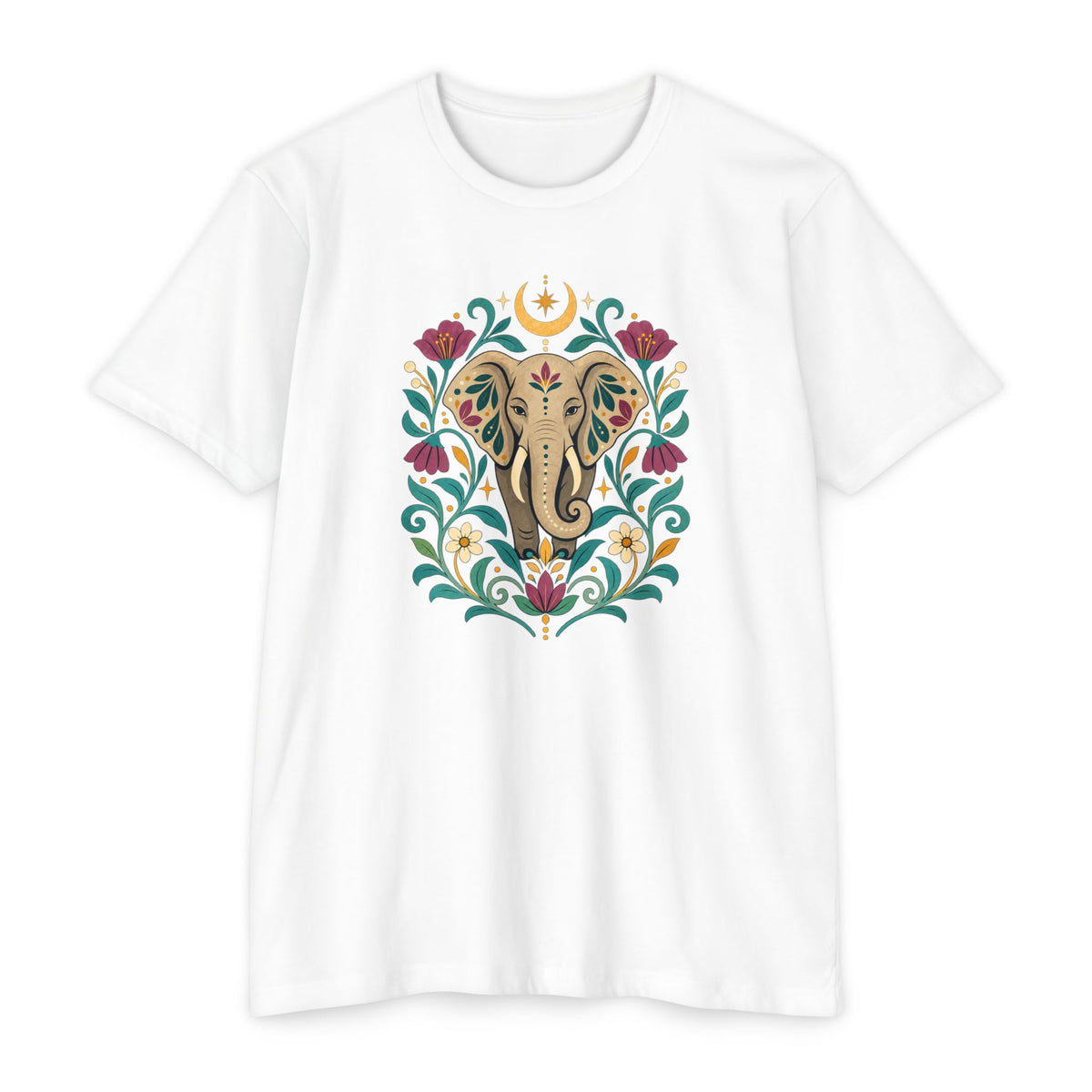 T-Shirt, Short Sleeve Boxy Crew Neck - Boho Indian-Inspired Elephant Floral