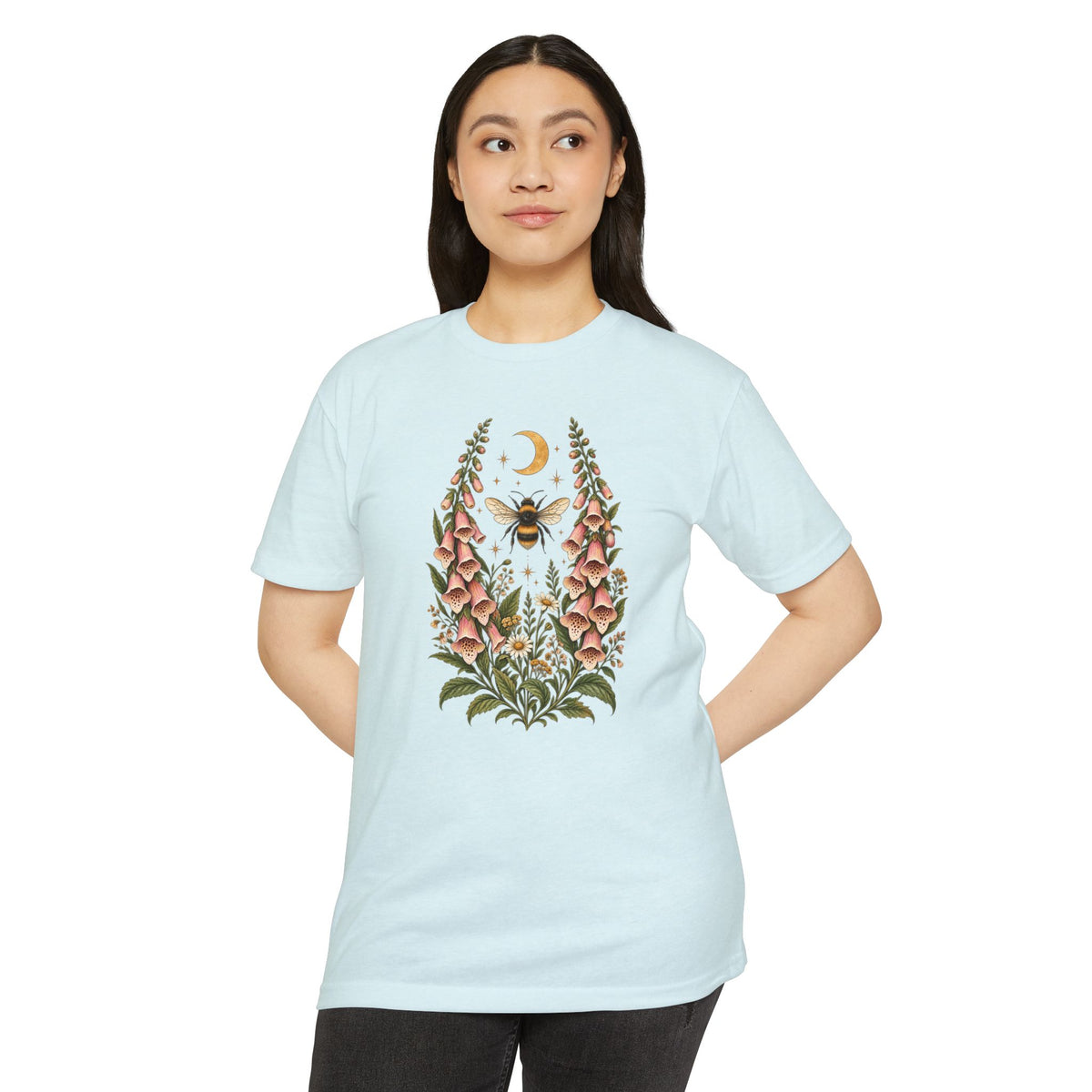 T-Shirt, Short Sleeve Boxy Crew Neck - Bee & Foxglove Vintage Floral Moon