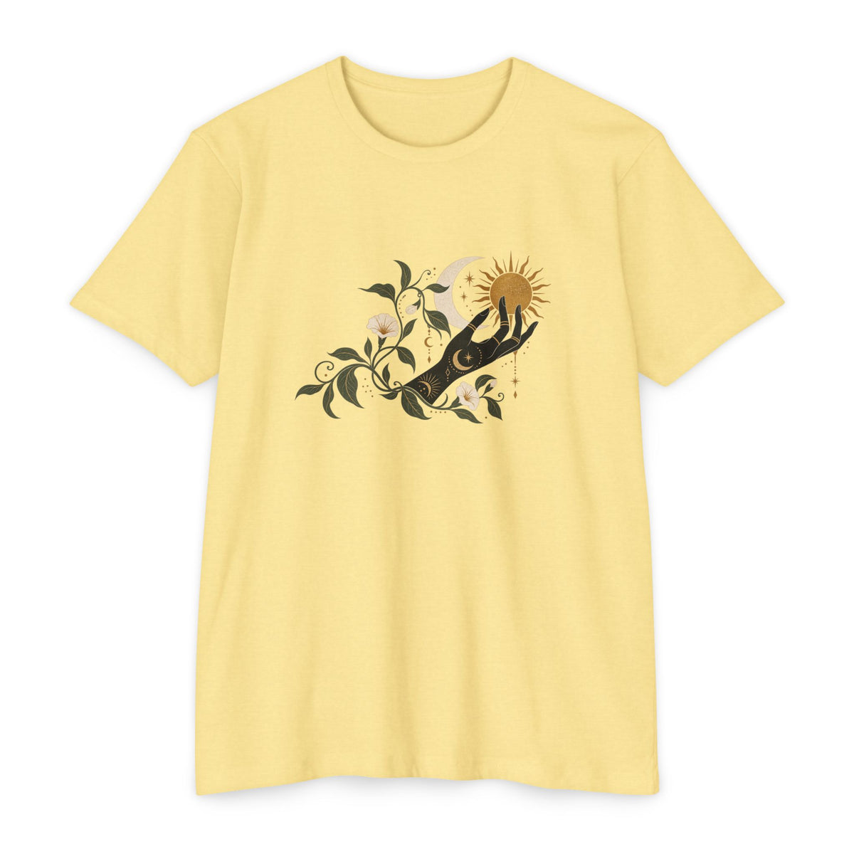 T-Shirt, Short Sleeve Boxy Crew Neck - Botanical Hand Reaching for the Sun