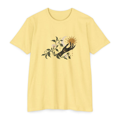 T-Shirt, Short Sleeve Boxy Crew Neck - Botanical Hand Reaching for the Sun