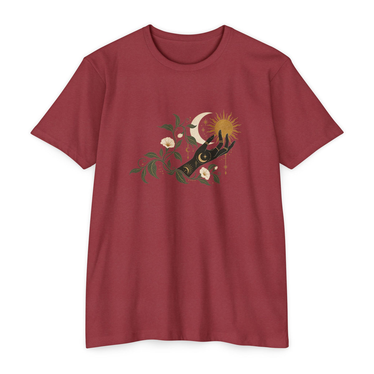 T-Shirt, Short Sleeve Boxy Crew Neck - Botanical Hand Reaching for the Sun