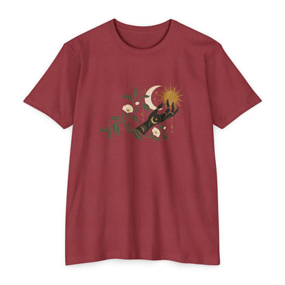 T-Shirt, Short Sleeve Boxy Crew Neck - Botanical Hand Reaching for the Sun