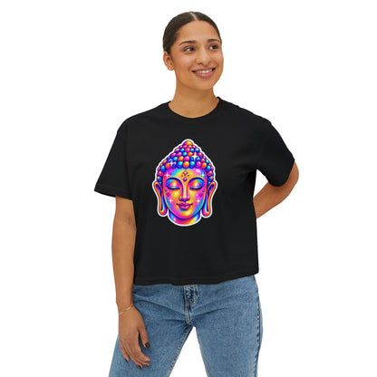 T-Shirt, Short Sleeve Boxy Crew Neck Cropped - 1980s Buddha Head