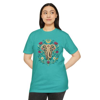 T-Shirt, Short Sleeve Boxy Crew Neck - Boho Indian-Inspired Elephant Floral