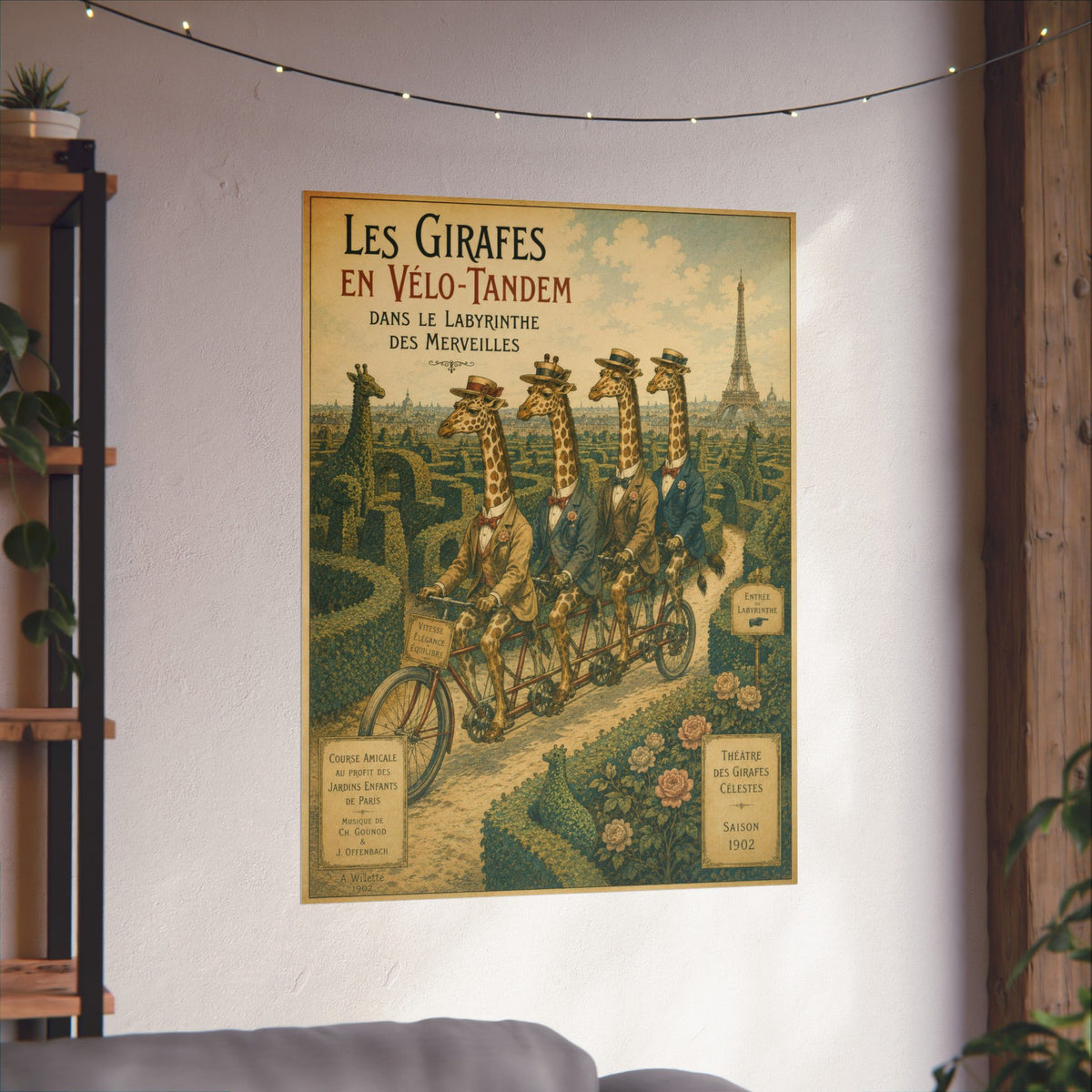 Poster, Art Print - Giraffes on Tandem Bicycles in a Maze