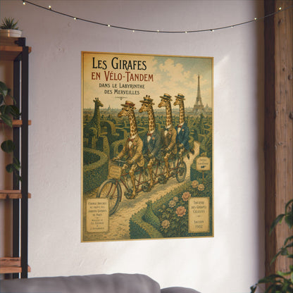 Poster, Art Print - Giraffes on Tandem Bicycles in a Maze