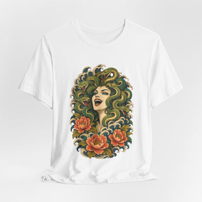 T-Shirt, Short Sleeve Wide Neck - Medusa Snake Hair Floral