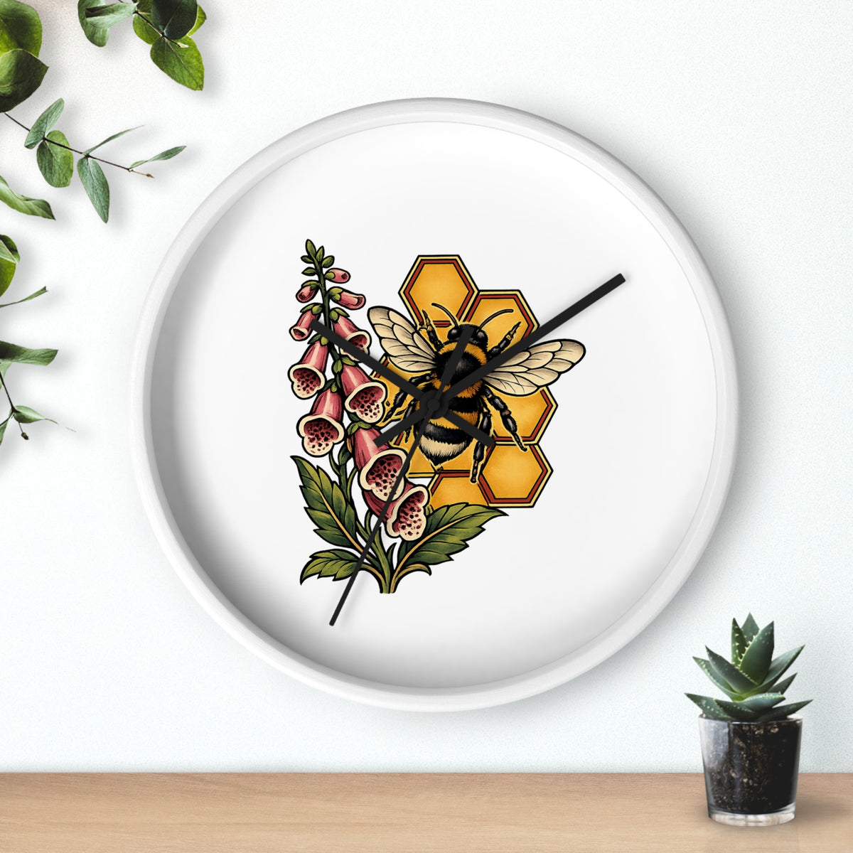 Clock, Wall Acrylic - Bee, Honeycomb & Foxglove