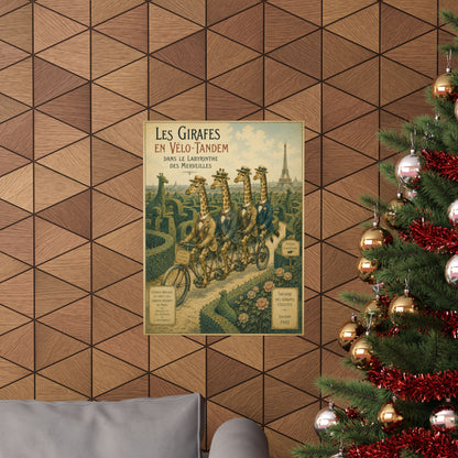 Poster, Art Print - Giraffes on Tandem Bicycles in a Maze