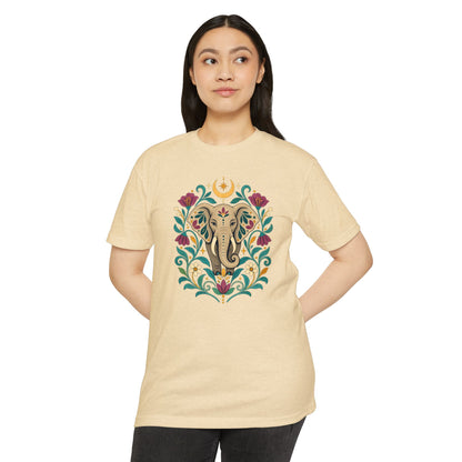 T-Shirt, Short Sleeve Boxy Crew Neck - Boho Indian-Inspired Elephant Floral