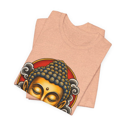 T‑Shirt, Short Sleeve Boxy Crew Neck - Golden Buddha Head with Lotus