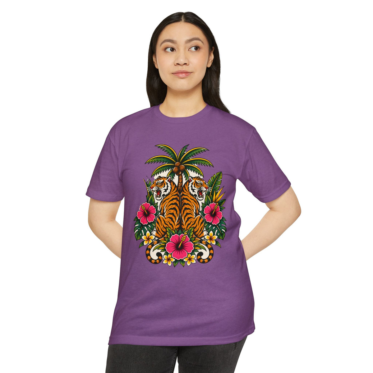 T-Shirt, Short Sleeve Boxy Crew Neck - Tiger Tiger Tropics Vintage Floral Palm