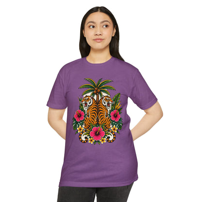 T-Shirt, Short Sleeve Boxy Crew Neck - Tiger Tiger Tropics Vintage Floral Palm