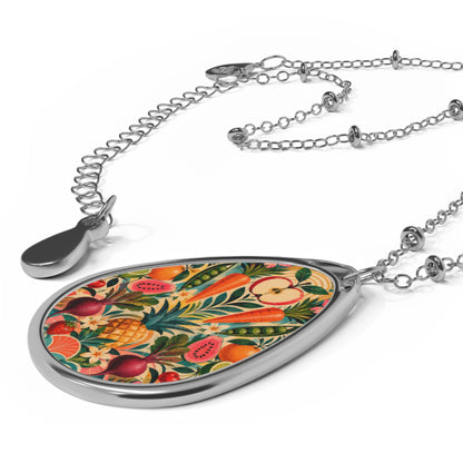Floral Folk Art Oval Pendant Necklace