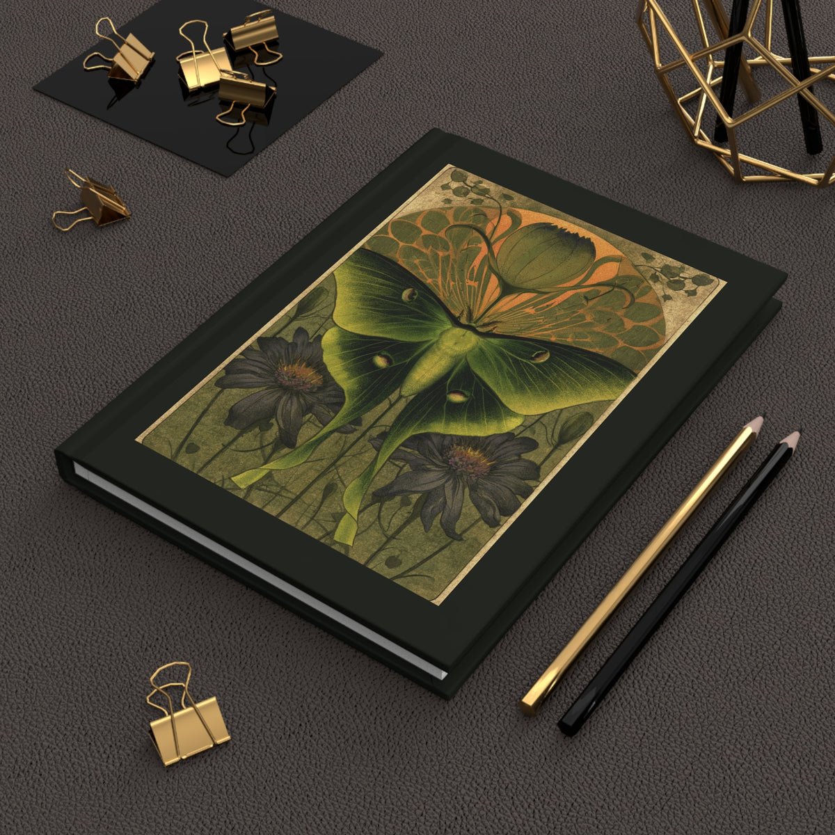 Journal Notebook, Hardcover Lined - Large Luna Moth, Black Framing