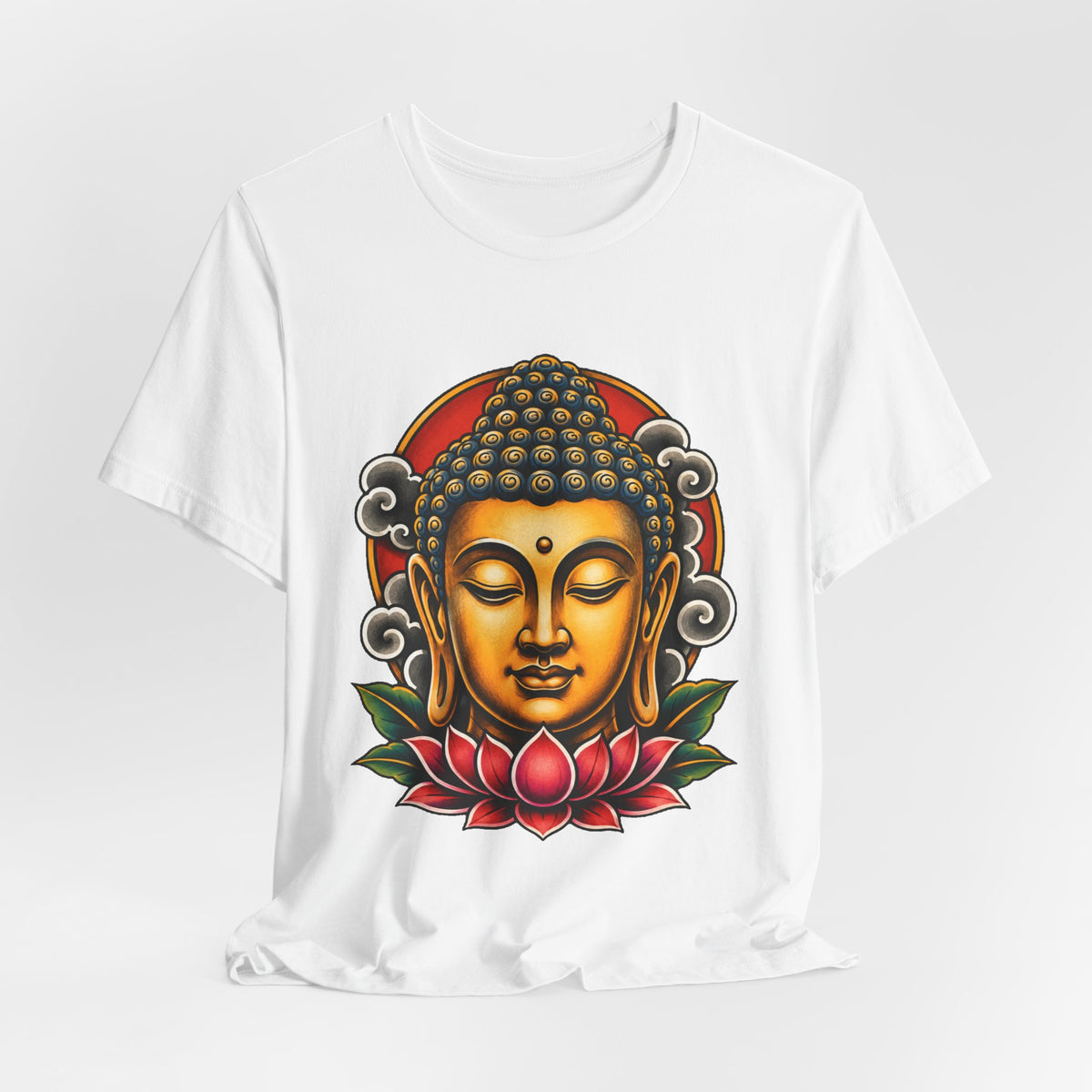 T‑Shirt, Short Sleeve Boxy Crew Neck - Golden Buddha Head with Lotus