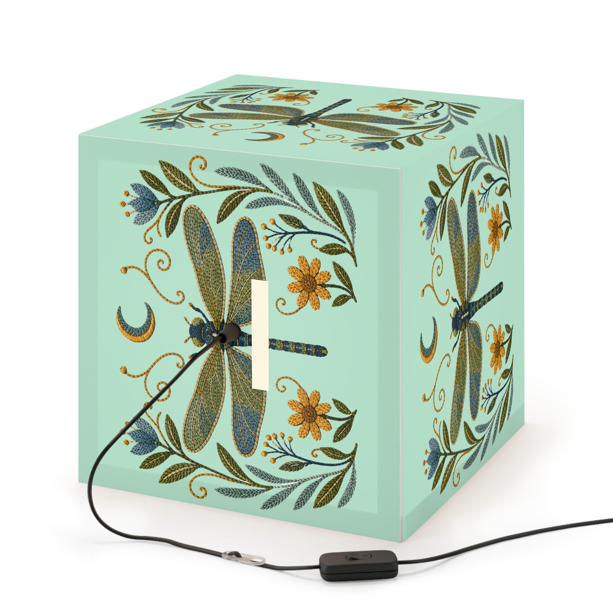 Cube Lamp, Decorative - Floral Dragonfly & Moon (light blue)