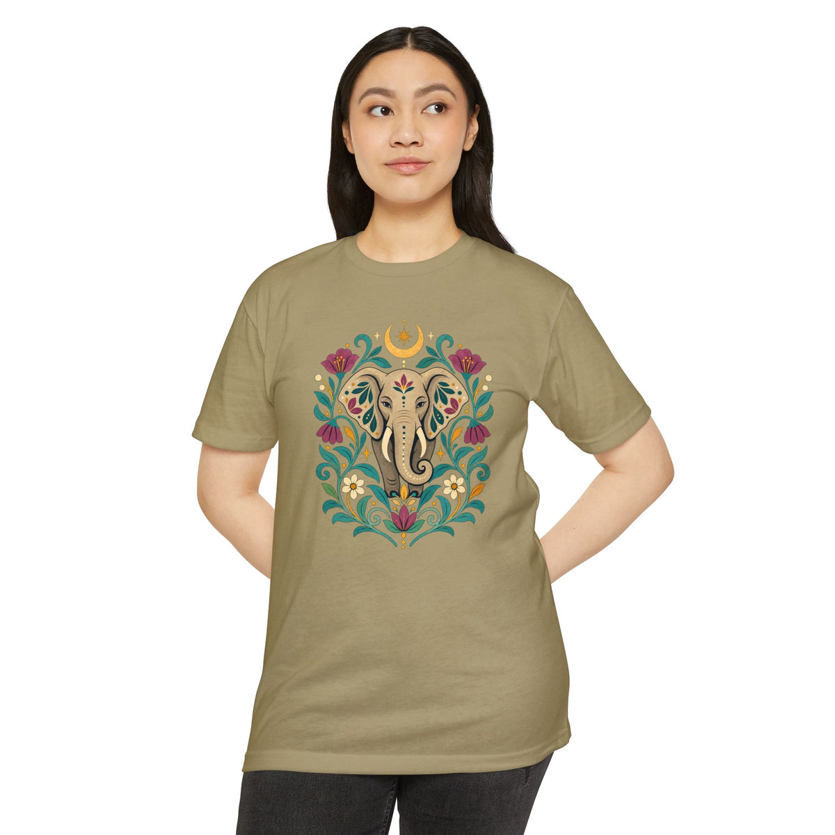T-Shirt, Short Sleeve Boxy Crew Neck - Boho Indian-Inspired Elephant Floral