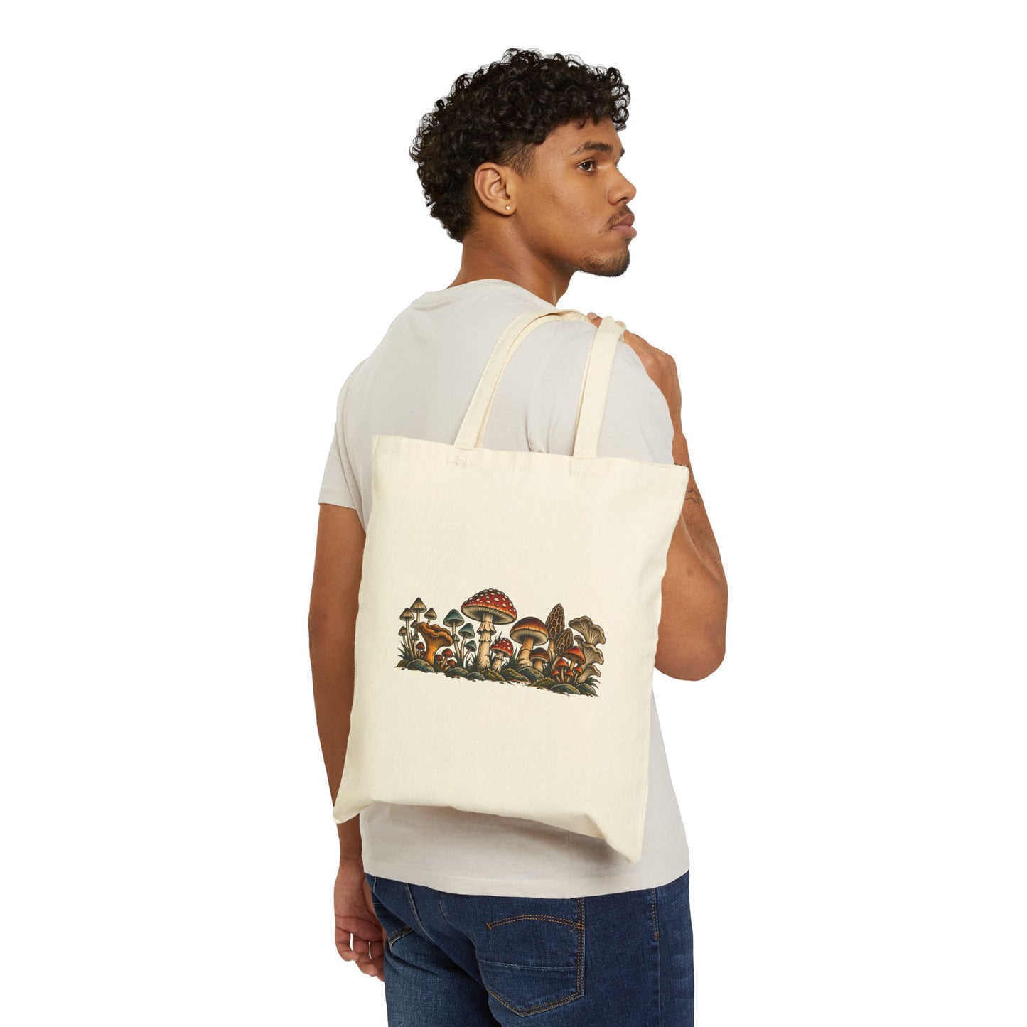 Mushroom Garden Canvas Tote Bag — Vintage Wild Fungi Illustration Eco Market Bag