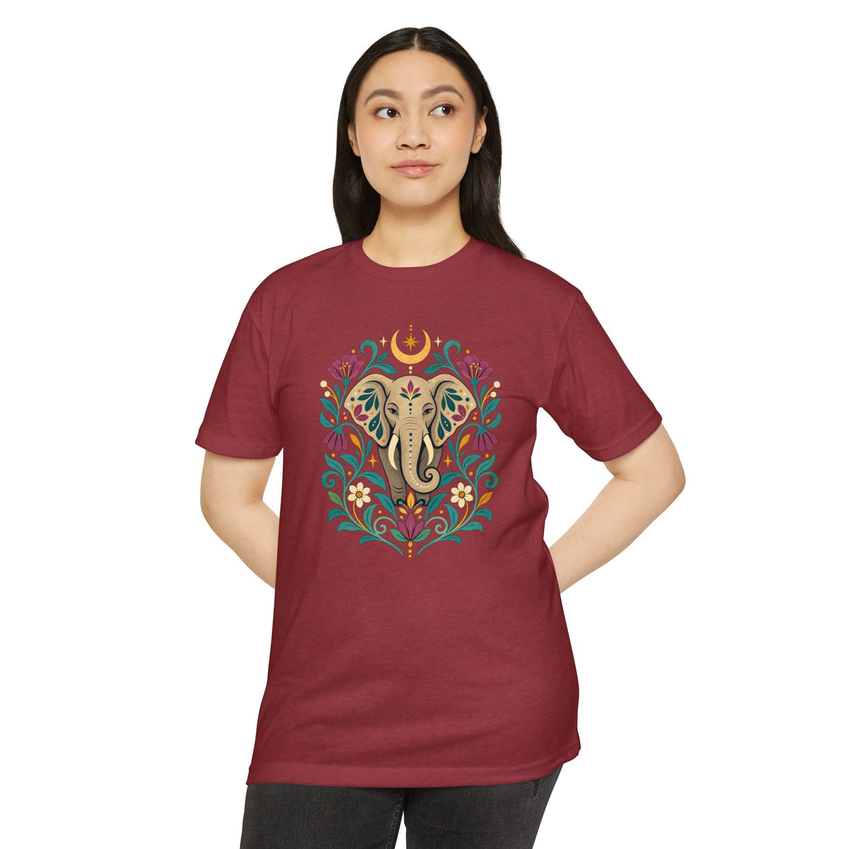 T-Shirt, Short Sleeve Boxy Crew Neck - Boho Indian-Inspired Elephant Floral
