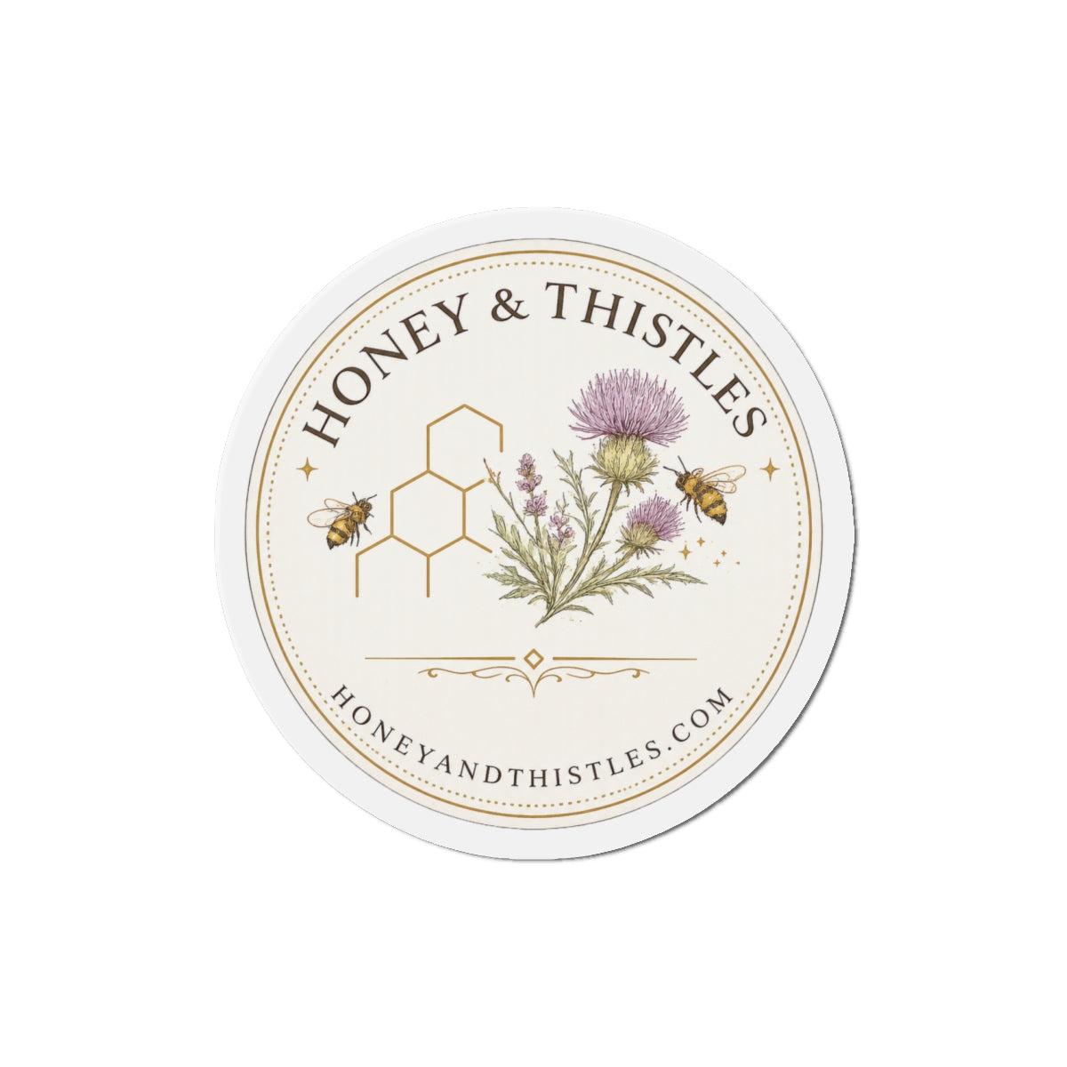 Honey & Thistles Round Die-Cut Magnet – Floral Bee Logo Refrigerator Magnet