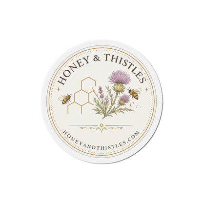 Honey & Thistles Round Die-Cut Magnet – Floral Bee Logo Refrigerator Magnet