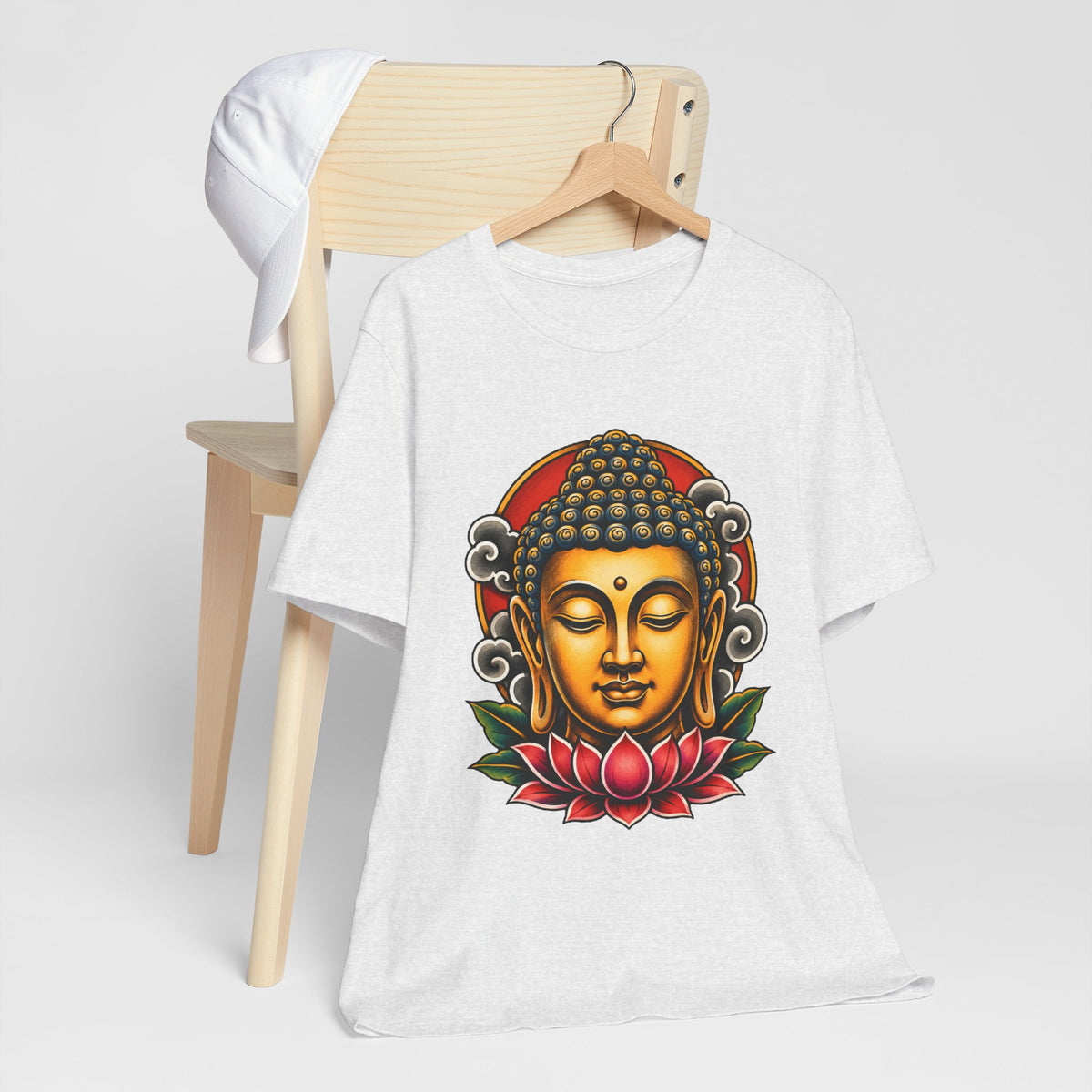 T‑Shirt, Short Sleeve Boxy Crew Neck - Golden Buddha Head with Lotus