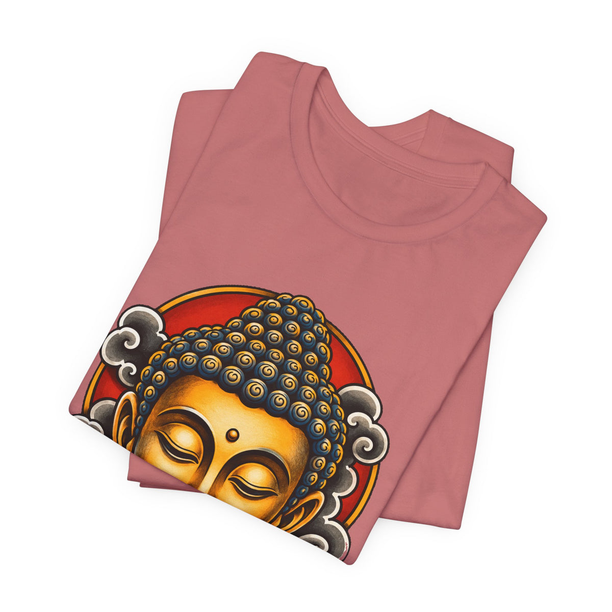T‑Shirt, Short Sleeve Boxy Crew Neck - Golden Buddha Head with Lotus