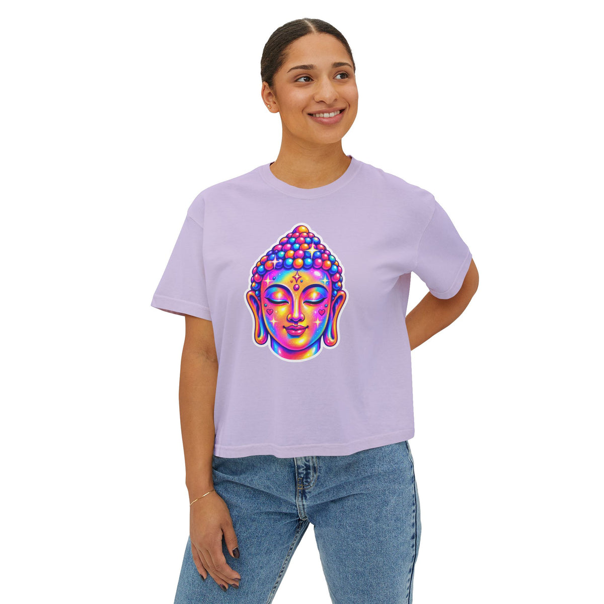T-Shirt, Short Sleeve Boxy Crew Neck Cropped - 1980s Buddha Head