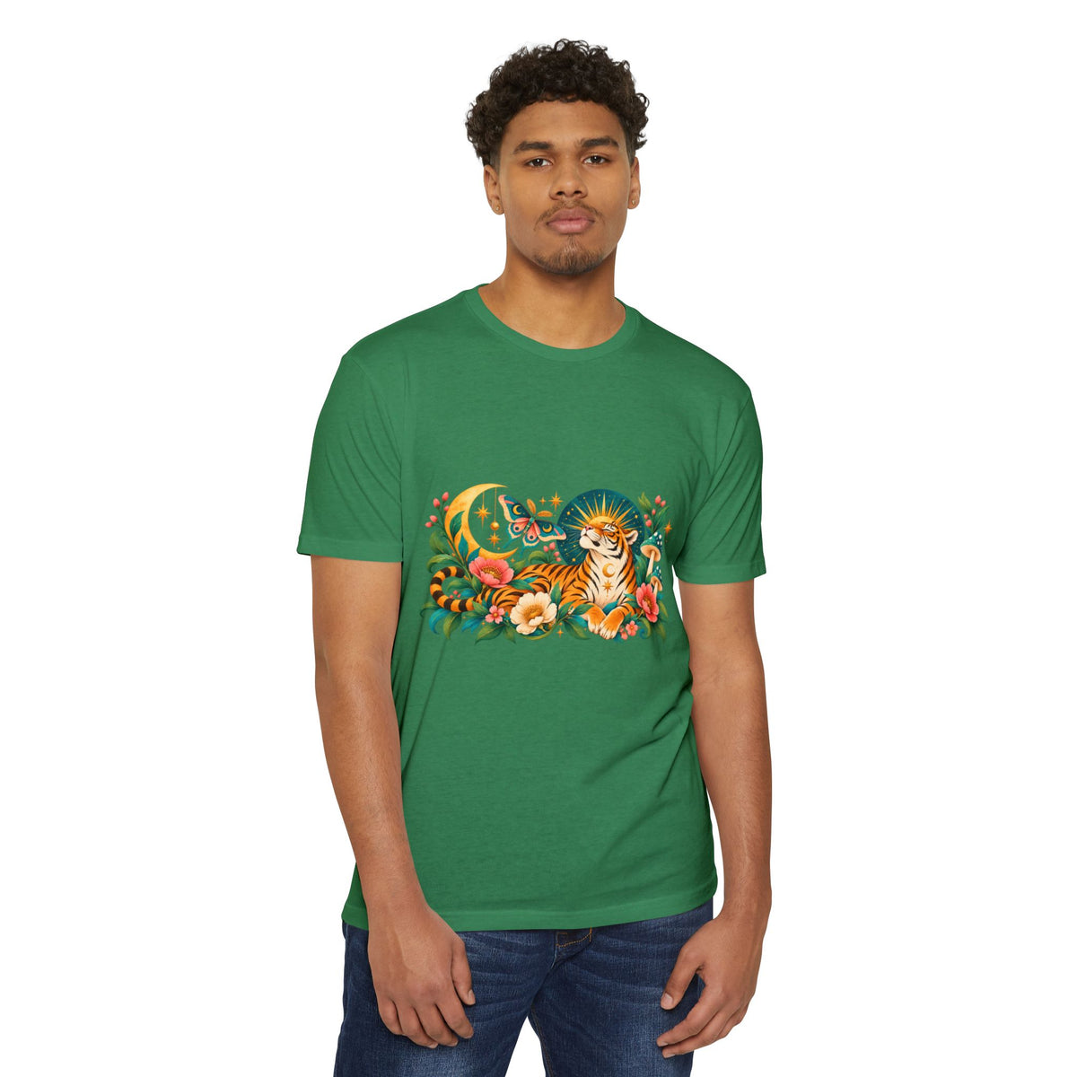 T-Shirt, Short Sleeve Boxy Crew Neck- Tiger Moon Celestial Floral
