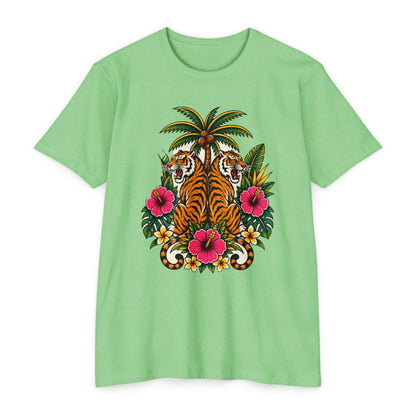 T-Shirt, Short Sleeve Boxy Crew Neck - Tiger Tiger Tropics Vintage Floral Palm