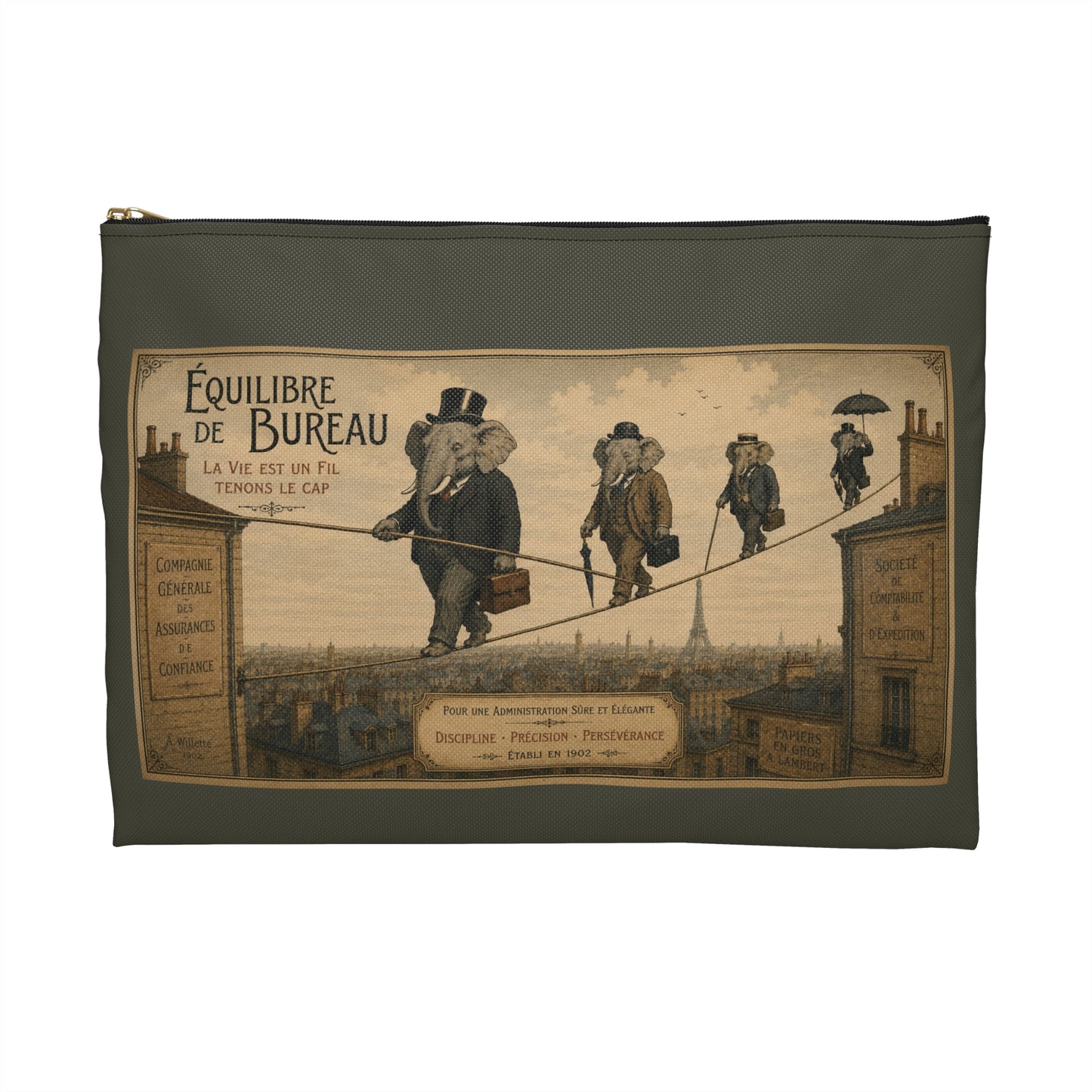 Vintage 'Équilibre de Bureau' Accessory Pouch – Retro Circus Elephant Tightrope Design