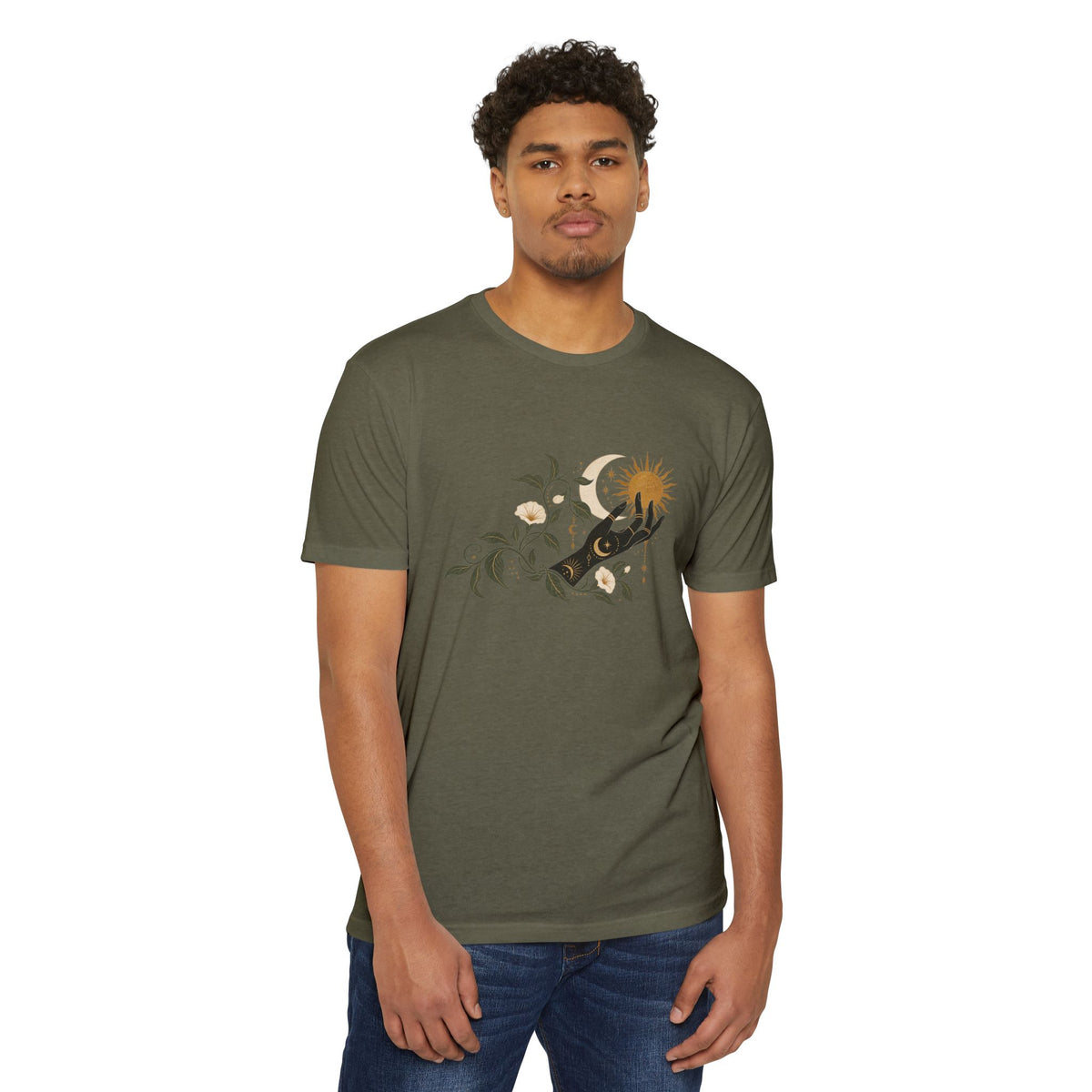 T-Shirt, Short Sleeve Boxy Crew Neck - Botanical Hand Reaching for the Sun