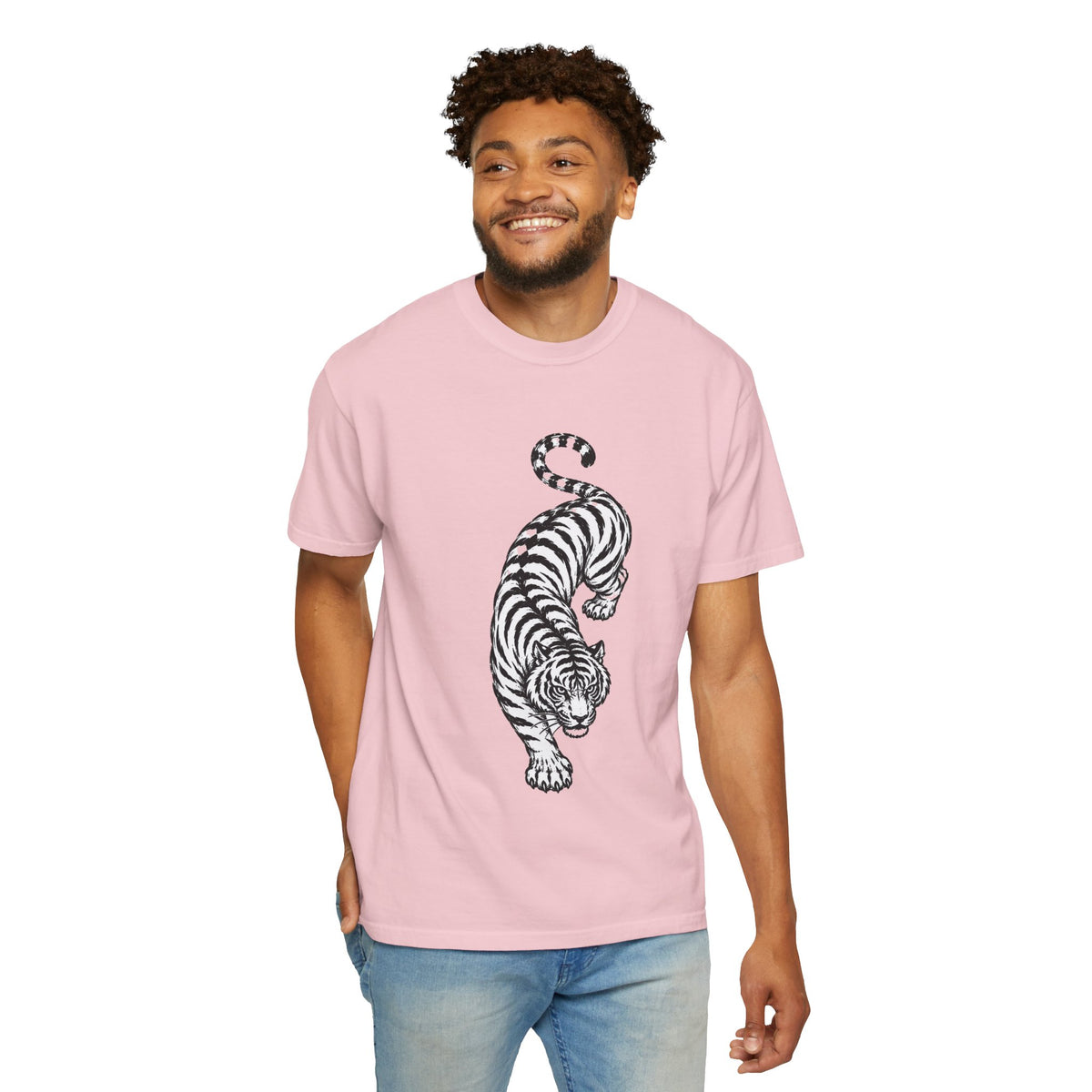 T-Shirt, Short Sleeve Boxy Crew Neck - Black & White Tiger