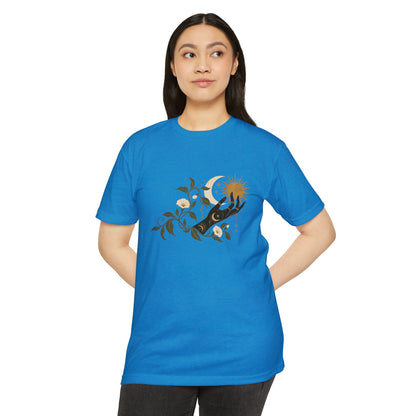 T-Shirt, Short Sleeve Boxy Crew Neck - Botanical Hand Reaching for the Sun