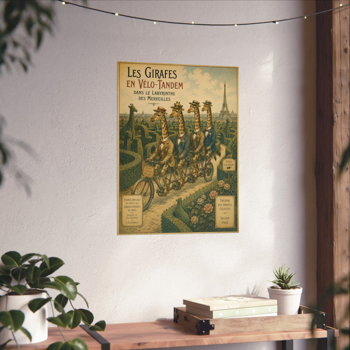 Poster, Art Print - Giraffes on Tandem Bicycles in a Maze