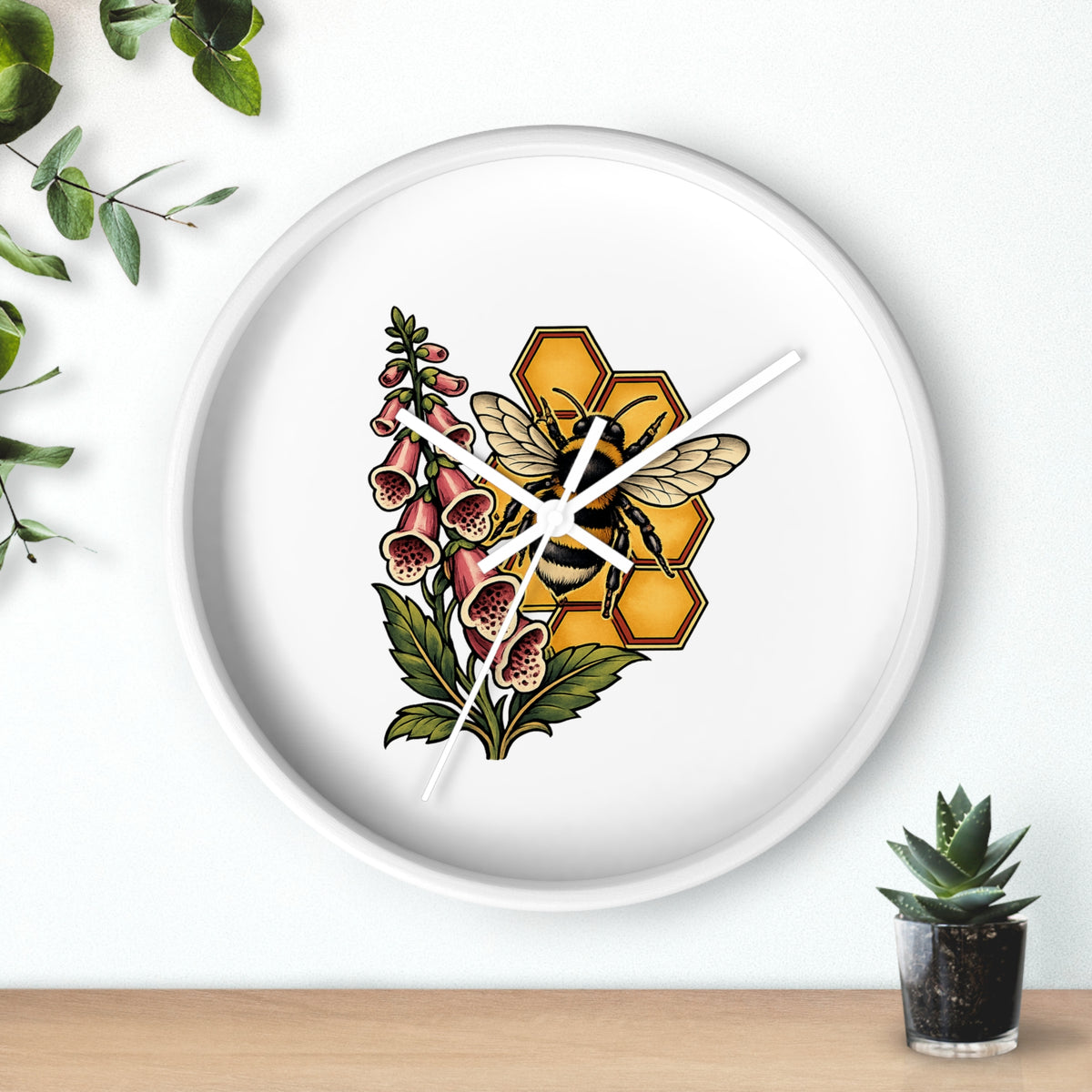 Clock, Wall Acrylic - Bee, Honeycomb & Foxglove