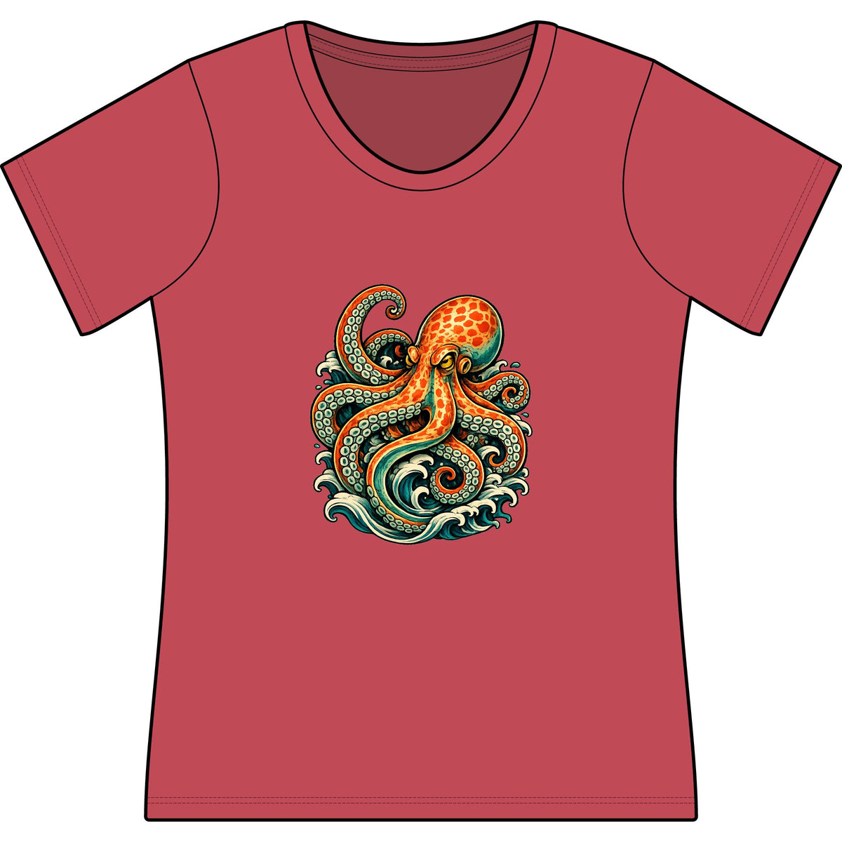 T-Shirt, Short Sleeve Scoop Neck - Octopus Ocean Waves