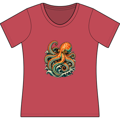 T-Shirt, Short Sleeve Scoop Neck - Octopus Ocean Waves