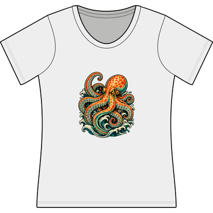 T-Shirt, Short Sleeve Scoop Neck - Octopus Ocean Waves