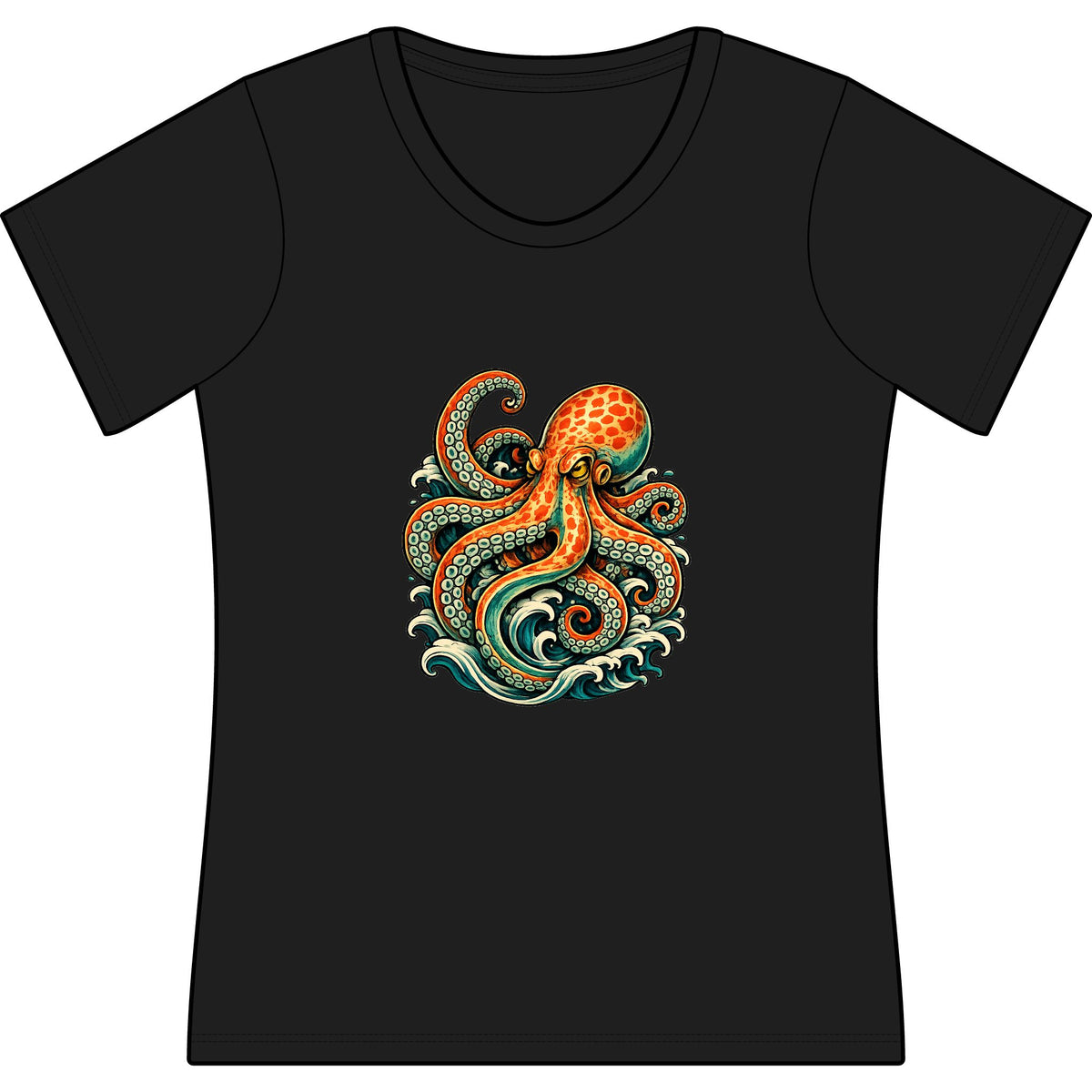 T-Shirt, Short Sleeve Scoop Neck - Octopus Ocean Waves