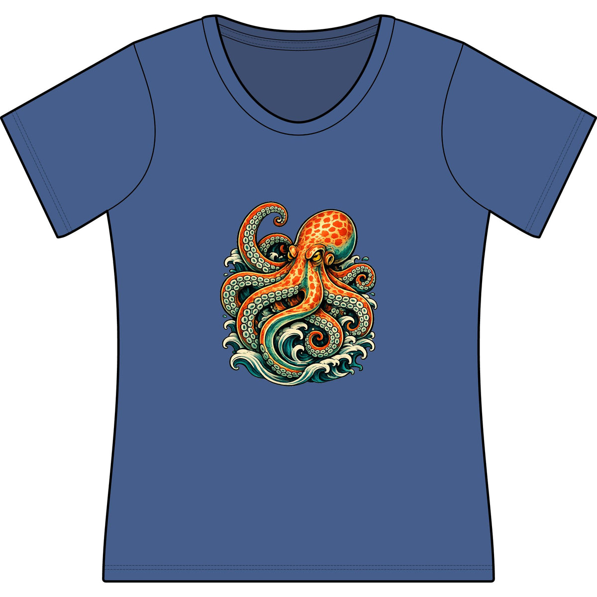 T-Shirt, Short Sleeve Scoop Neck - Octopus Ocean Waves